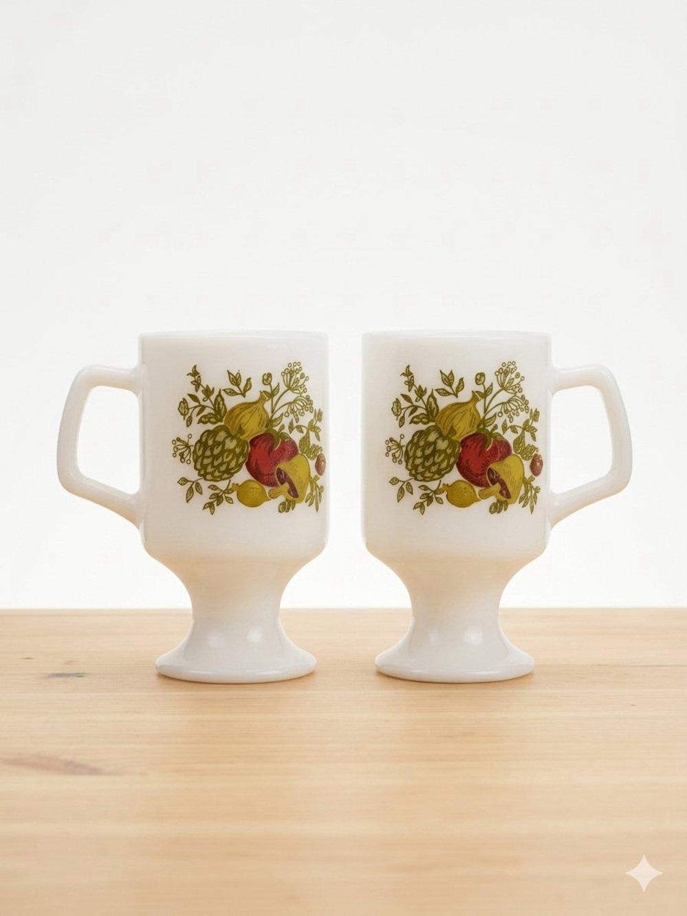VTG Corning Ware Spice of Life Milk Glass Pedestal Mug Grandmug Set of 2